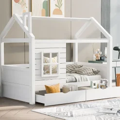 Lit enfant 90x200 cm - Lit Cabane avec Barrières et Fenêtre, Bois Massif - Sommier À Lattes - Sans Matelas - Blanc