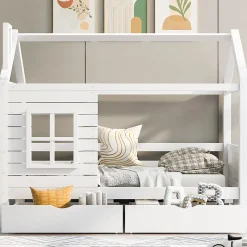 Lit enfant 90x200 cm - Lit Cabane avec Barrières et Fenêtre, Bois Massif - Sommier À Lattes - Sans Matelas - Blanc