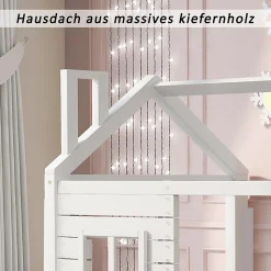 Lit enfant 90x200 cm - Lit Cabane avec Barrières et Fenêtre, Bois Massif - Sommier À Lattes - Sans Matelas - Blanc