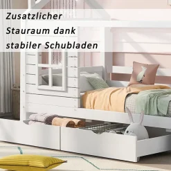 Lit enfant 90x200 cm - Lit Cabane avec Barrières et Fenêtre, Bois Massif - Sommier À Lattes - Sans Matelas - Blanc