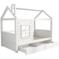 Lit enfant 90x200 cm - Lit Cabane avec Barrières et Fenêtre, Bois Massif - Sommier À Lattes - Sans Matelas - Blanc