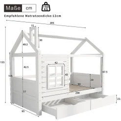 Lit enfant 90x200 cm - Lit Cabane avec Barrières et Fenêtre, Bois Massif - Sommier À Lattes - Sans Matelas - Blanc