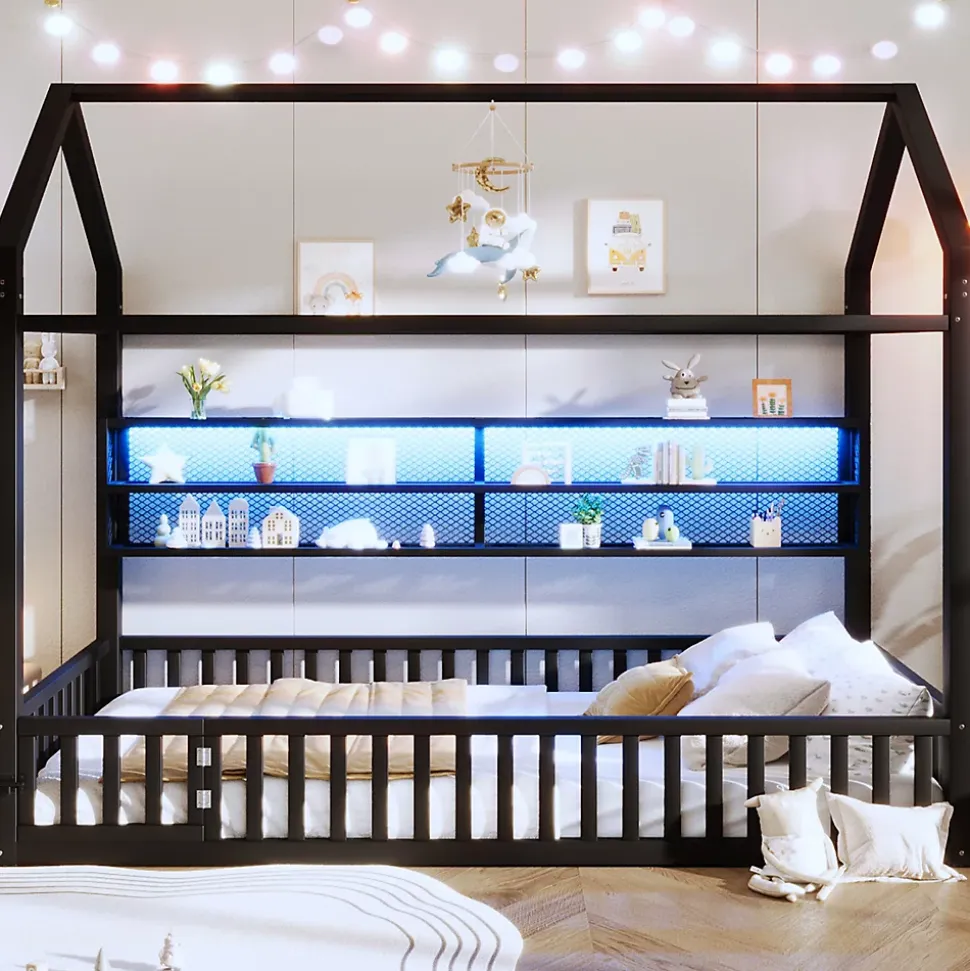 Lit Enfant 90x200 cm - Lit Cabane avec LED et Barrières, sans Matelas - Cadre Métal Noir