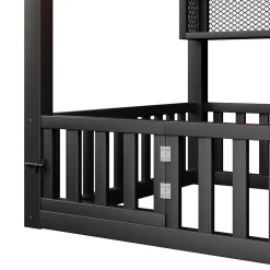 Lit Enfant 90x200 cm - Lit Cabane avec LED et Barrières, sans Matelas - Cadre Métal Noir