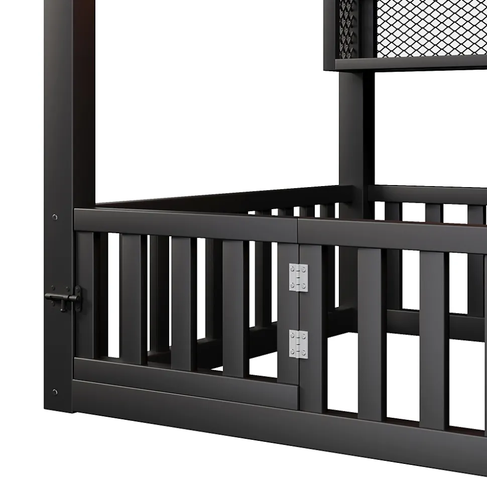 Lit Enfant 90x200 cm - Lit Cabane avec LED et Barrières, sans Matelas - Cadre Métal Noir