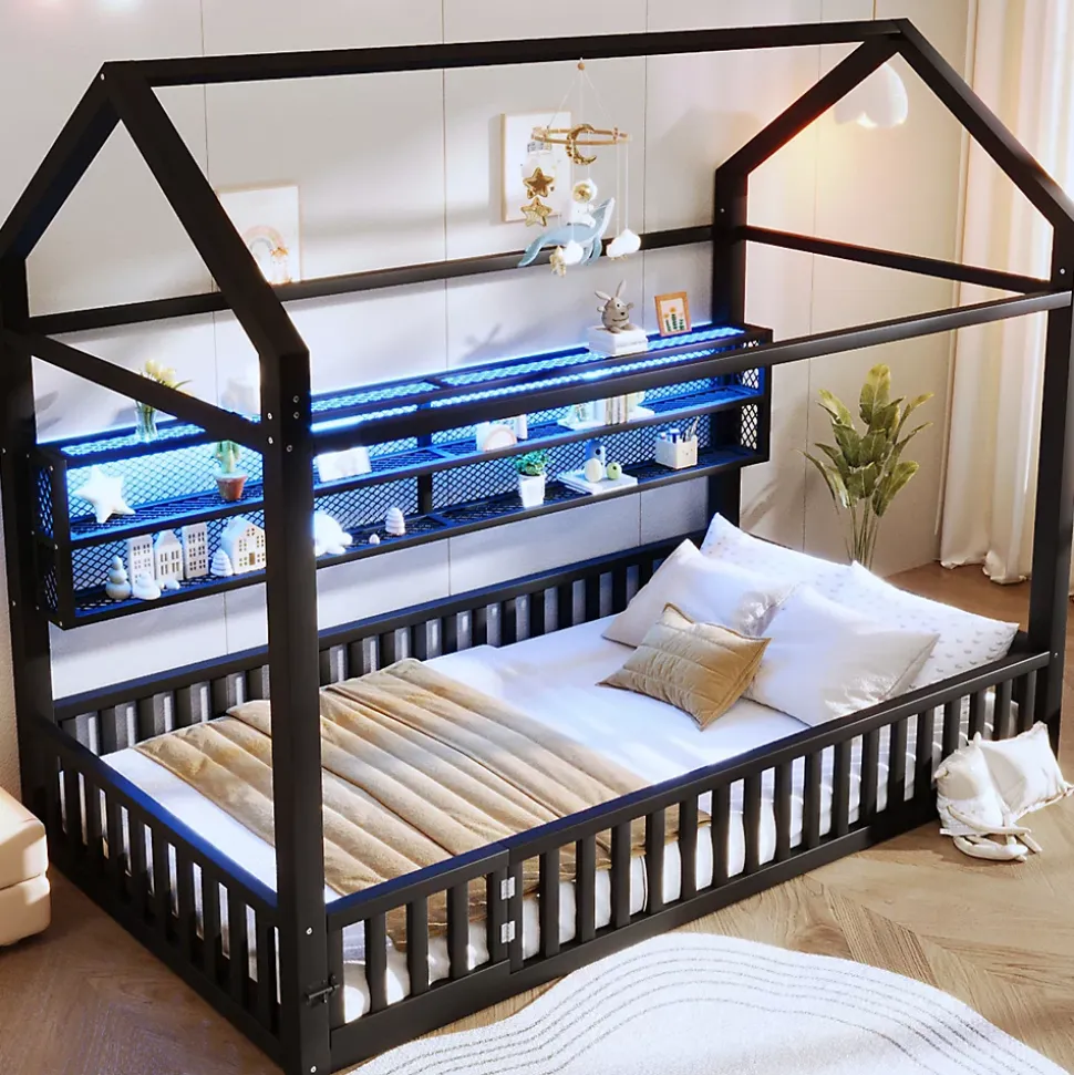 Lit Enfant 90x200 cm - Lit Cabane avec LED et Barrières, sans Matelas - Cadre Métal Noir