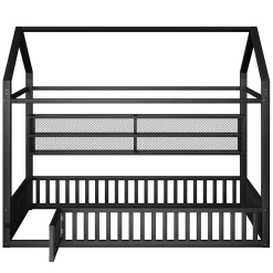 Lit Enfant 90x200 cm - Lit Cabane avec LED et Barrières, sans Matelas - Cadre Métal Noir