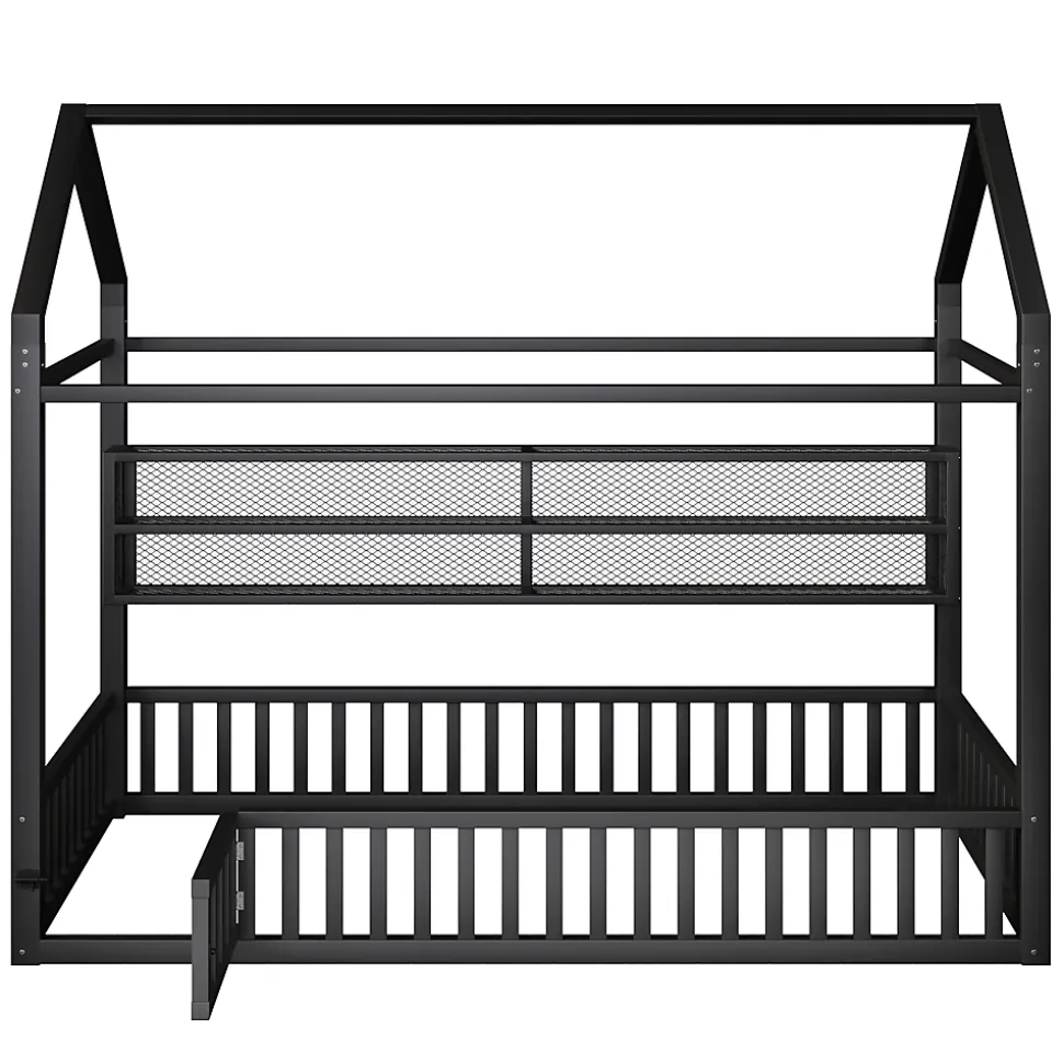 Lit Enfant 90x200 cm - Lit Cabane avec LED et Barrières, sans Matelas - Cadre Métal Noir
