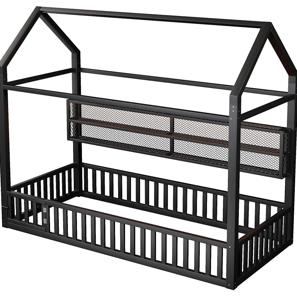 Lit Enfant 90x200 cm - Lit Cabane avec LED et Barrières, sans Matelas - Cadre Métal Noir