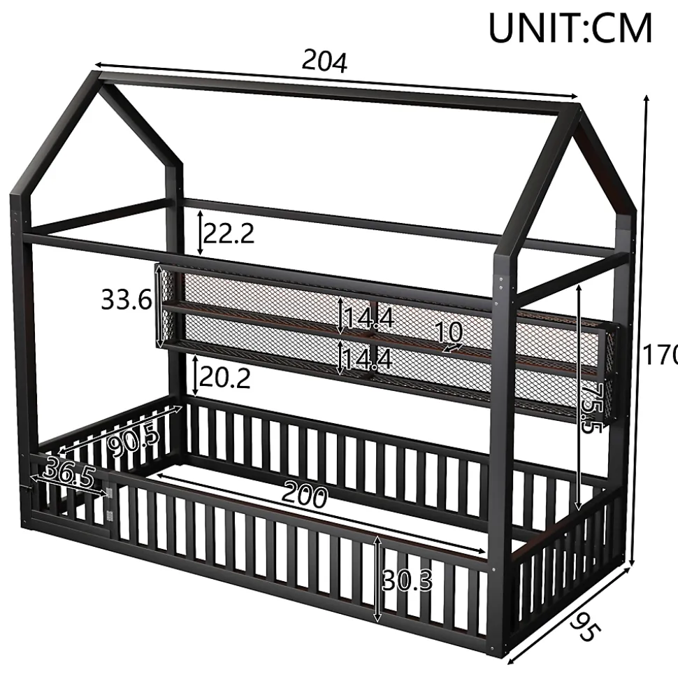 Lit Enfant 90x200 cm - Lit Cabane avec LED et Barrières, sans Matelas - Cadre Métal Noir
