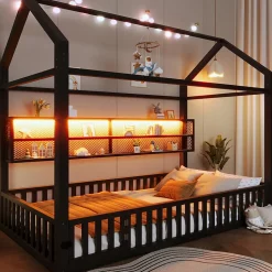 Lit Enfant 90x200 cm - Lit Cabane avec LED et Barrières, sans Matelas - Cadre Métal Noir