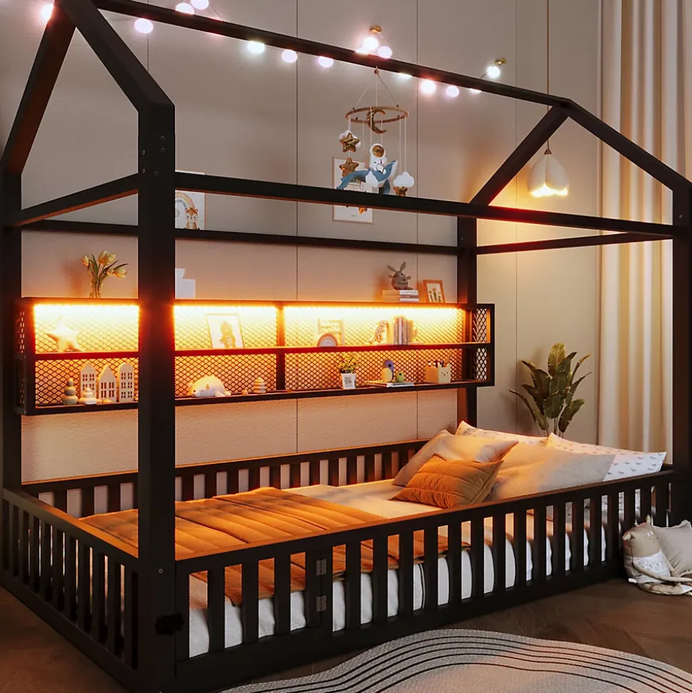 Lit Enfant 90x200 cm - Lit Cabane avec LED et Barrières, sans Matelas - Cadre Métal Noir