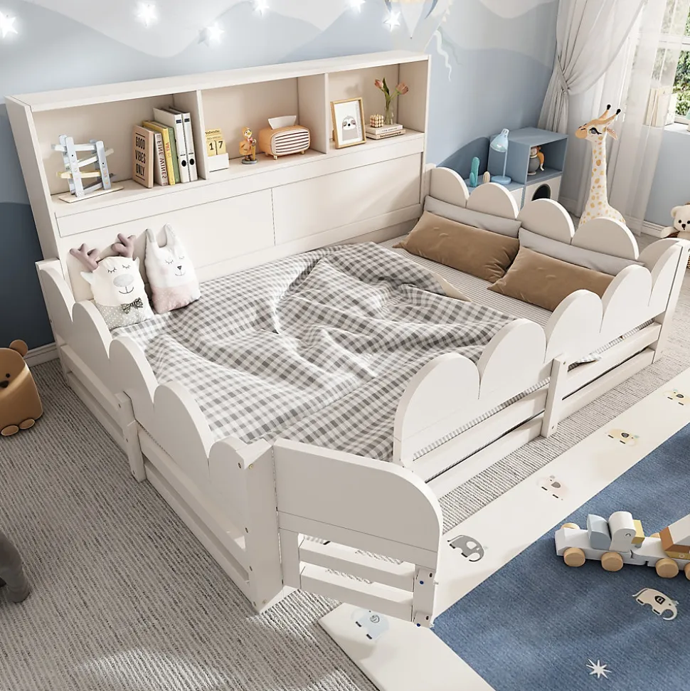 Lit Enfant 140x200 cm - Lit Double avec Barrières de Sécurité, Porte d'Accès et Étagères Intégrées, en Bois - sans Matelas - Blanc