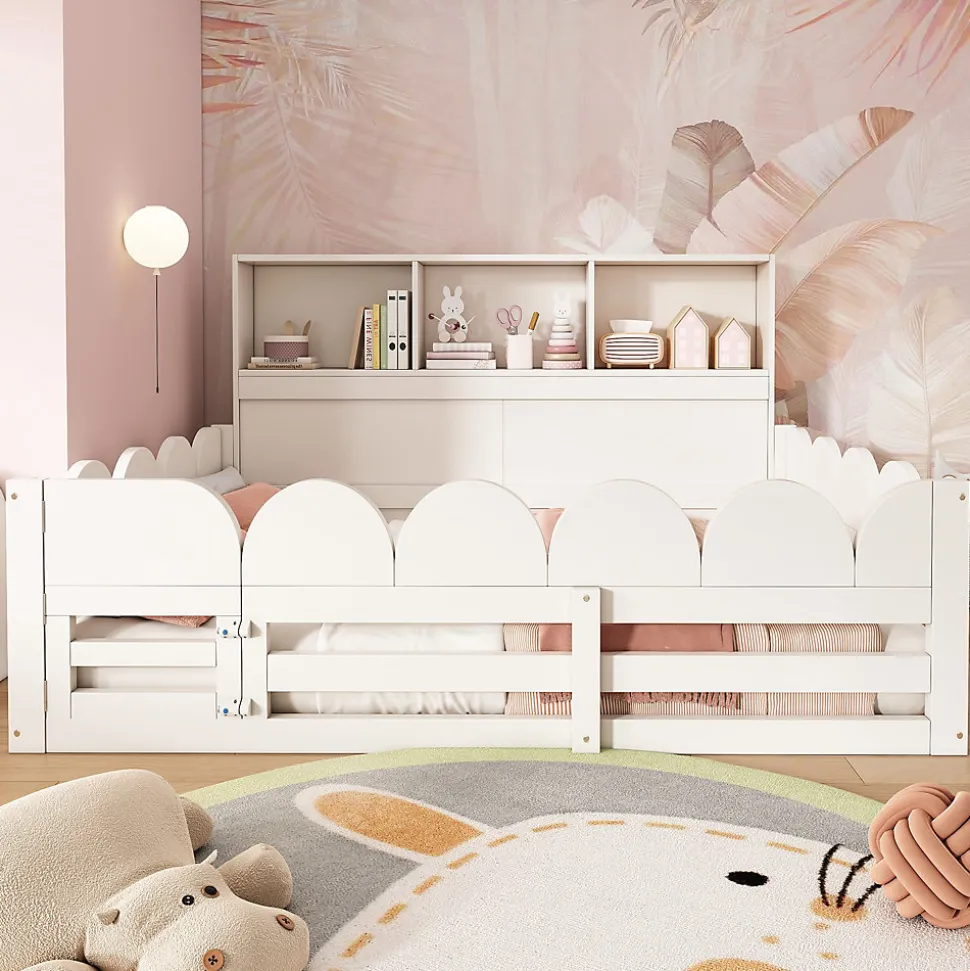 Lit Enfant 140x200 cm - Lit Double avec Barrières de Sécurité, Porte d'Accès et Étagères Intégrées, en Bois - sans Matelas - Blanc