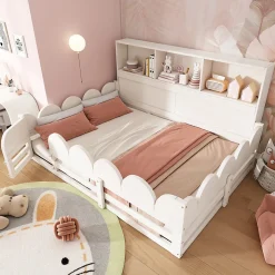 Lit Enfant 140x200 cm - Lit Double avec Barrières de Sécurité, Porte d'Accès et Étagères Intégrées, en Bois - sans Matelas - Blanc