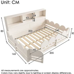 Lit Enfant 140x200 cm - Lit Double avec Barrières de Sécurité, Porte d'Accès et Étagères Intégrées, en Bois - sans Matelas - Blanc