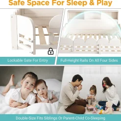 Lit Enfant 140x200 cm - Lit Double avec Barrières de Sécurité, Porte d'Accès et Étagères Intégrées, en Bois - sans Matelas - Blanc