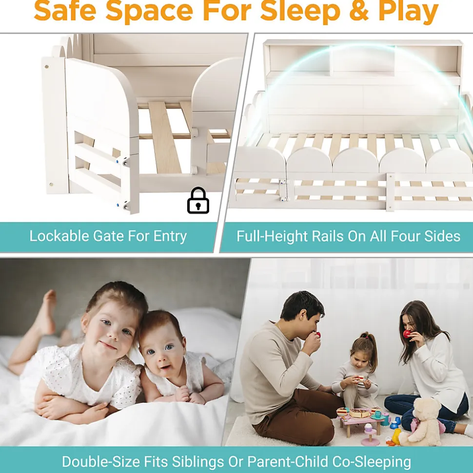 Lit Enfant 140x200 cm - Lit Double avec Barrières de Sécurité, Porte d'Accès et Étagères Intégrées, en Bois - sans Matelas - Blanc
