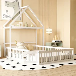 Lit enfant 140x200 cm - Lit Double Cabane avec Grille et Porte, Cadre en Bois Massif, Sans Matelas - Blanc