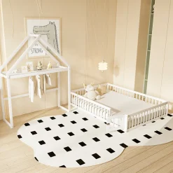 Lit enfant 140x200 cm - Lit Double Cabane avec Grille et Porte, Cadre en Bois Massif, Sans Matelas - Blanc