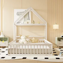 Lit enfant 140x200 cm - Lit Double Cabane avec Grille et Porte, Cadre en Bois Massif, Sans Matelas - Blanc