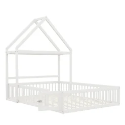 Lit enfant 140x200 cm - Lit Double Cabane avec Grille et Porte, Cadre en Bois Massif, Sans Matelas - Blanc