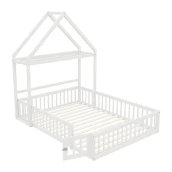 Lit enfant 140x200 cm - Lit Double Cabane avec Grille et Porte, Cadre en Bois Massif, Sans Matelas - Blanc