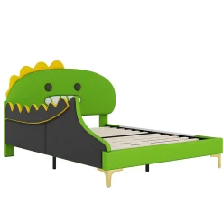 Lit enfant 140x200 cm - Lit Double Dinosaure avec Tête de Lit Décorative - PU et MDF - Vert - Sans Matelas