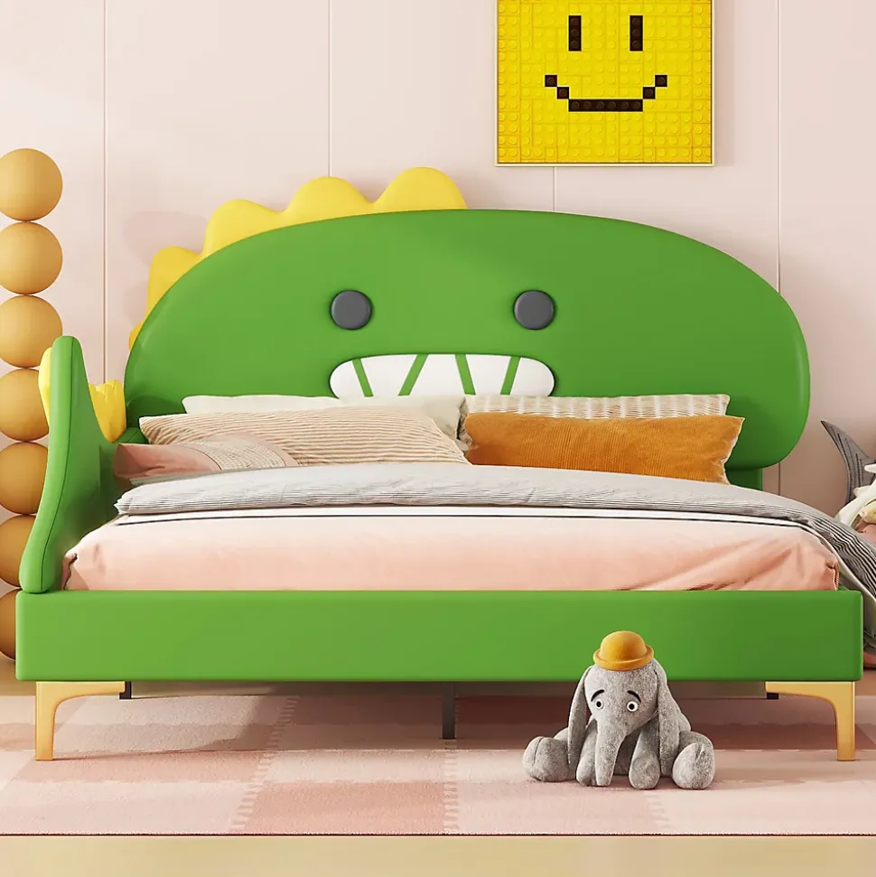 Lit enfant 140x200 cm - Lit Double Dinosaure avec Tête de Lit Décorative - PU et MDF - Vert - Sans Matelas