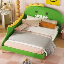 Lit enfant 140x200 cm - Lit Double Dinosaure avec Tête de Lit Décorative - PU et MDF - Vert - Sans Matelas