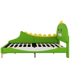 Lit enfant 140x200 cm - Lit Double Dinosaure avec Tête de Lit Décorative - PU et MDF - Vert - Sans Matelas