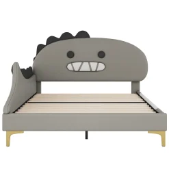 Lit enfant 140x200 cm - Lit Double Dinosaure avec Tête de Lit Décorative - PU et MDF - Gris - Sans Matelas