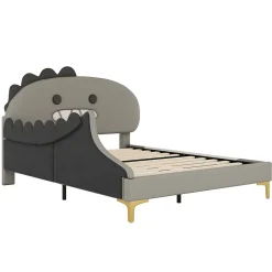Lit enfant 140x200 cm - Lit Double Dinosaure avec Tête de Lit Décorative - PU et MDF - Gris - Sans Matelas