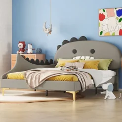 Lit enfant 140x200 cm - Lit Double Dinosaure avec Tête de Lit Décorative - PU et MDF - Gris - Sans Matelas