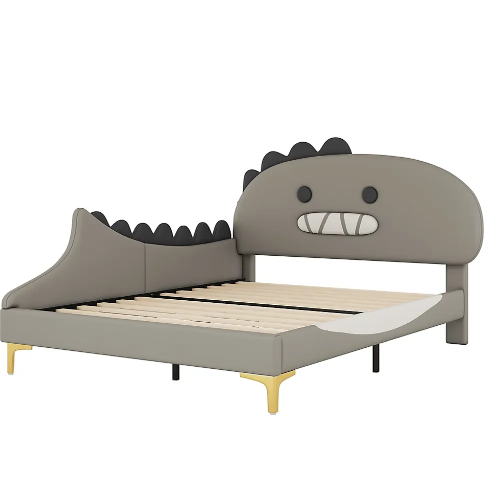 Lit enfant 140x200 cm - Lit Double Dinosaure avec Tête de Lit Décorative - PU et MDF - Gris - Sans Matelas