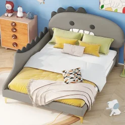Lit enfant 140x200 cm - Lit Double Dinosaure avec Tête de Lit Décorative - PU et MDF - Gris - Sans Matelas