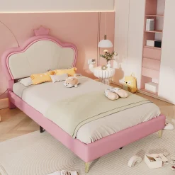 Lit enfant 90x200 cm - Lit Princesse Capitonné avec Tête Couronne, PU Rembourré, Sans Matelas - Rose et Blanc