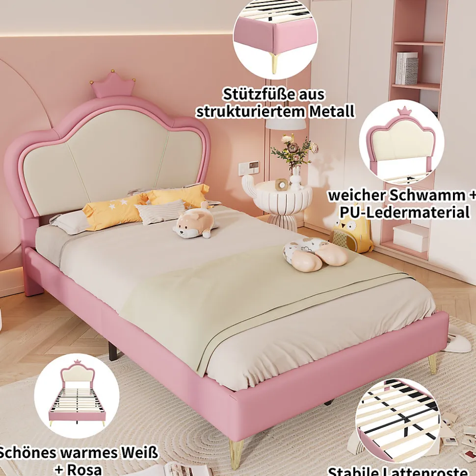 Lit enfant 90x200 cm - Lit Princesse Capitonné avec Tête Couronne, PU Rembourré, Sans Matelas - Rose et Blanc