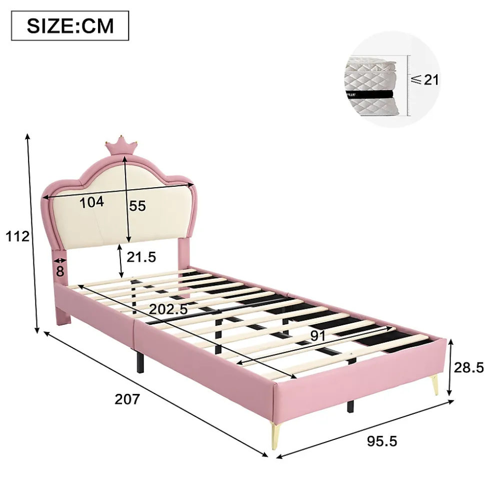 Lit enfant 90x200 cm - Lit Princesse Capitonné avec Tête Couronne, PU Rembourré, Sans Matelas - Rose et Blanc