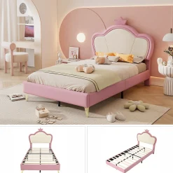 Lit enfant 90x200 cm - Lit Princesse Capitonné avec Tête Couronne, PU Rembourré, Sans Matelas - Rose et Blanc