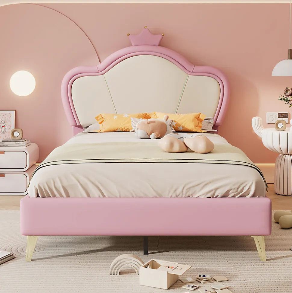 Lit enfant 90x200 cm - Lit Princesse Capitonné avec Tête Couronne, PU Rembourré, Sans Matelas - Rose et Blanc