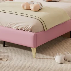 Lit enfant 90x200 cm - Lit Princesse Capitonné avec Tête Couronne, PU Rembourré, Sans Matelas - Rose et Blanc