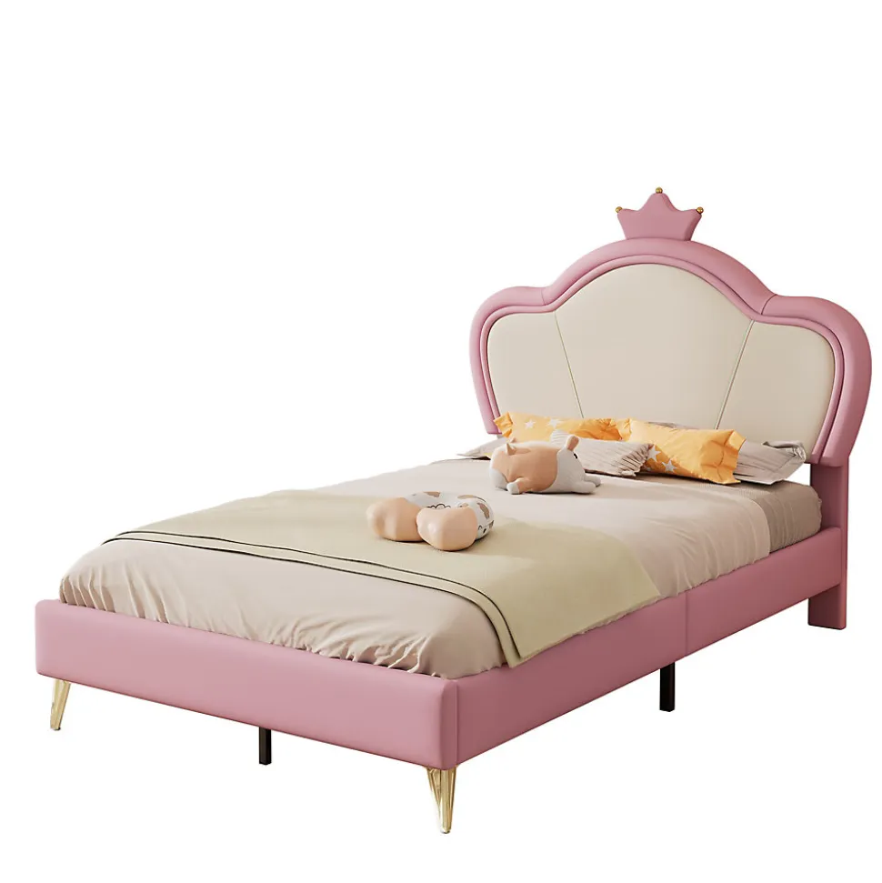 Lit enfant 90x200 cm - Lit Princesse Capitonné avec Tête Couronne, PU Rembourré, Sans Matelas - Rose et Blanc