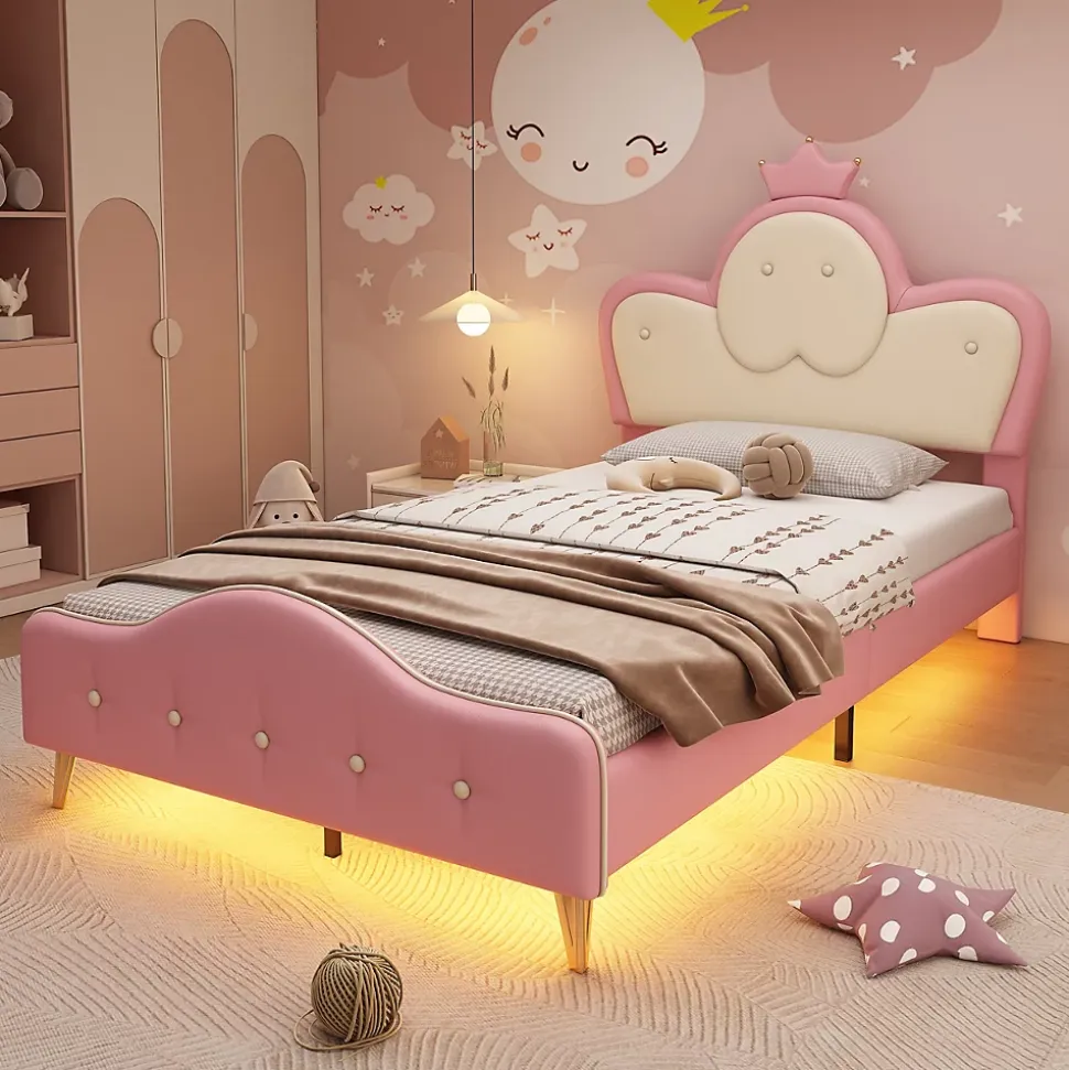 Lit enfant 90x200 cm - Lit Princesse Simple avec Bande LED Intégrée, Capitonné et Rembourré en PU, Rose et Blanc, Sans Matelas