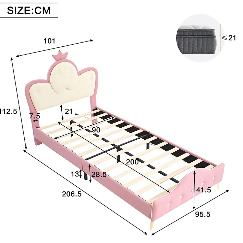 Lit enfant 90x200 cm - Lit Princesse Simple avec Bande LED Intégrée, Capitonné et Rembourré en PU, Rose et Blanc, Sans Matelas