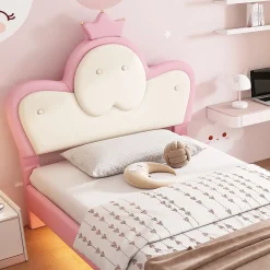 Lit enfant 90x200 cm - Lit Princesse Simple avec Bande LED Intégrée, Capitonné et Rembourré en PU, Rose et Blanc, Sans Matelas