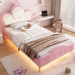 Lit enfant 90x200 cm - Lit Princesse Simple avec Bande LED Intégrée, Capitonné et Rembourré en PU, Rose et Blanc, Sans Matelas