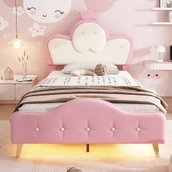 Lit enfant 90x200 cm - Lit Princesse Simple avec Bande LED Intégrée, Capitonné et Rembourré en PU, Rose et Blanc, Sans Matelas