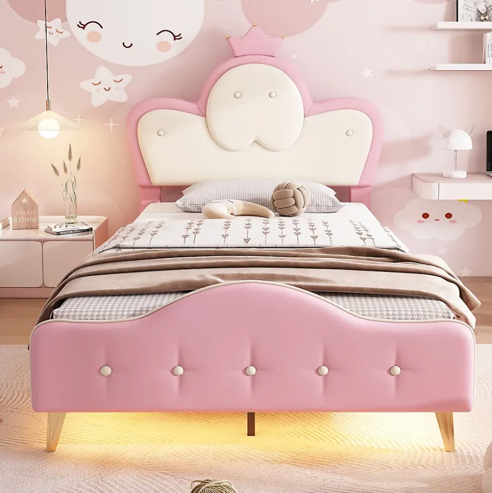 Lit enfant 90x200 cm - Lit Princesse Simple avec Bande LED Intégrée, Capitonné et Rembourré en PU, Rose et Blanc, Sans Matelas
