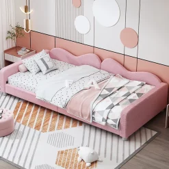 Lit enfant 90x200 cm - Lit rembourré avec cadre canapé-lit en peluche doux - MDF + Velours + Métal - Sans matelas - Rose